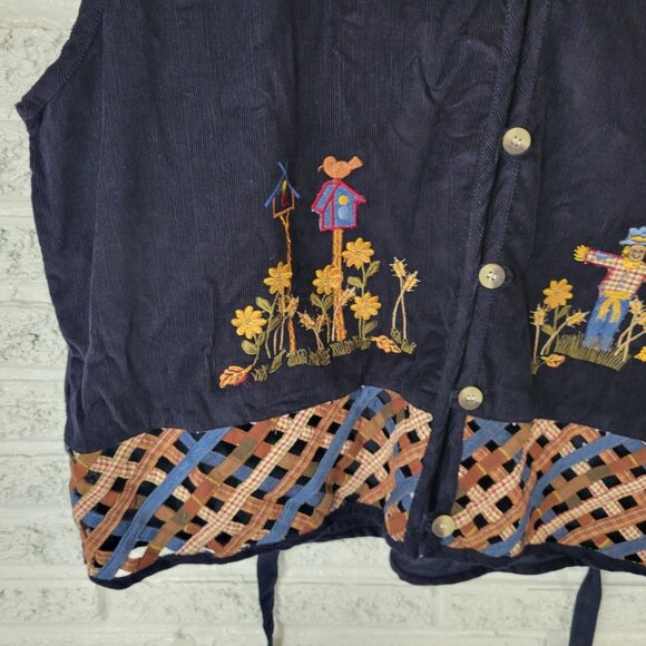 Victoria Jones Womens Vest 3X Plus Blue Embroidered Scarecrow Birdhouse BLU56E - Picture 5 of 9
